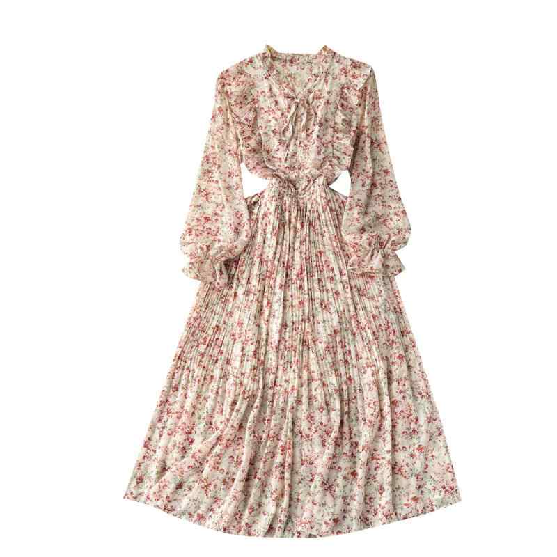 ワンピース レディース 春夏 フレンチ Vネック 長袖 ウエストマーク プリーツ 花柄 ロング丈 Aライン シフォン エレガント フェミニン きれいめ 上品 ドレス