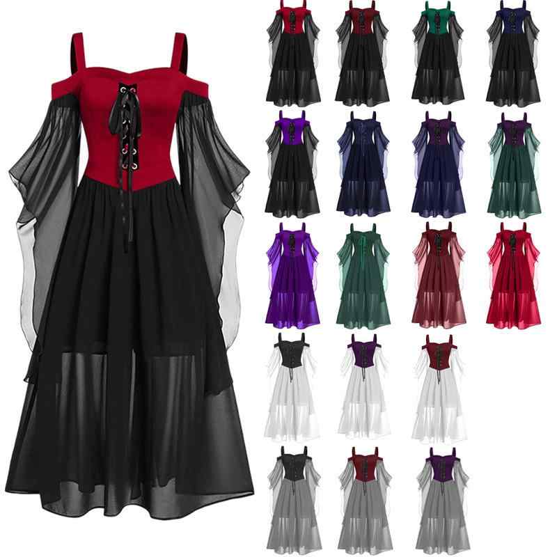 ワンピース レディース ハロウィン ドレス ストラップ バイカラー 切り替え シフォン リボン Aライン ロング丈 欧米風 秋冬 イベント パーティー 仮装