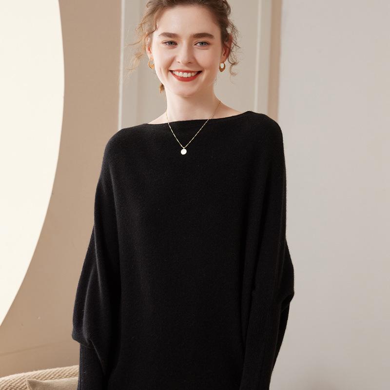 セーター レディース カシミヤ混 ニット ボートネック ドルマンスリーブ 長袖 ゆったり 無地 トップス 上品 きれいめ オフィス カジュアル 秋冬 ブラック｜bloomelier