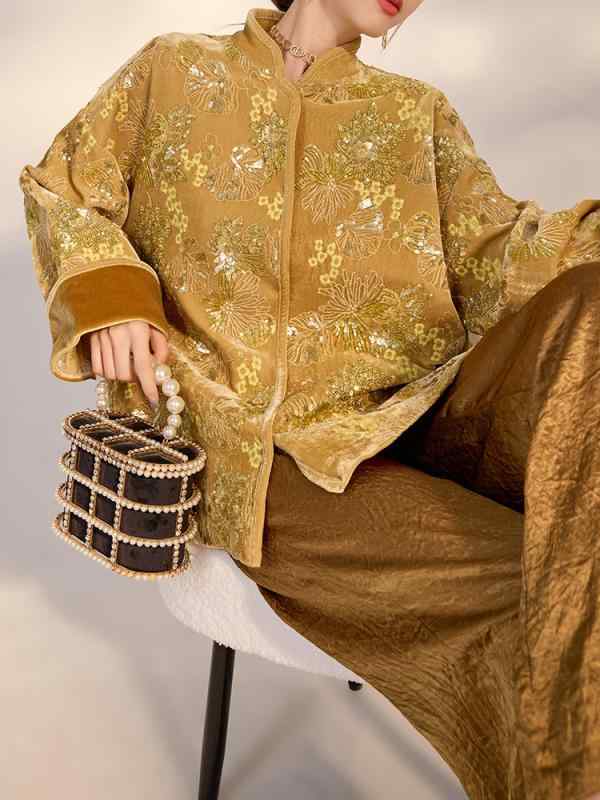 プルオーバー レディース 新チャイニーズ表現スタイル 中国風 繻子 光輝 花柄刺しゅう フラワーエンブロイダリー スパンコール きらきら ゴールド 御前上等感 雅びやか 雅びやか 照明ランプ色つや 長袖 ゆったり トップス 秋冬