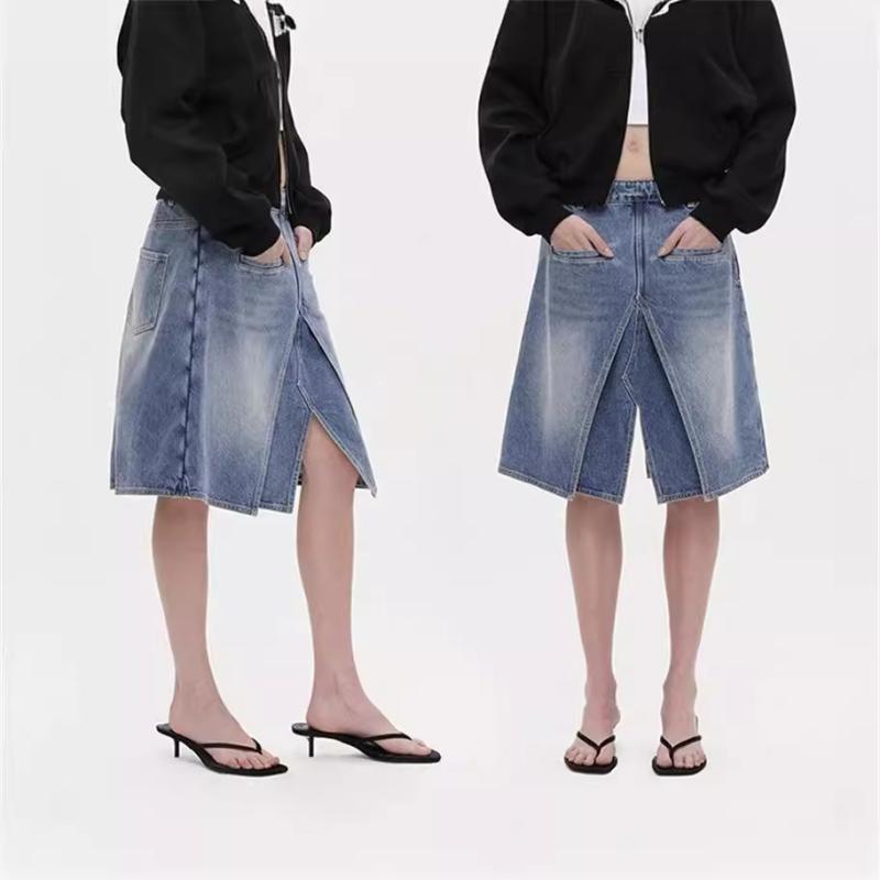 半身スカート レディース 2way 着回し自在 Aライン 切り替え デニム ミディ丈 ミモレ丈 コットンブレンド クラシックブルー 定番カラー 春夏 きれいめ カジュアル オフィス 通勤 普段使い タウンユース｜bloomelier 10,680円