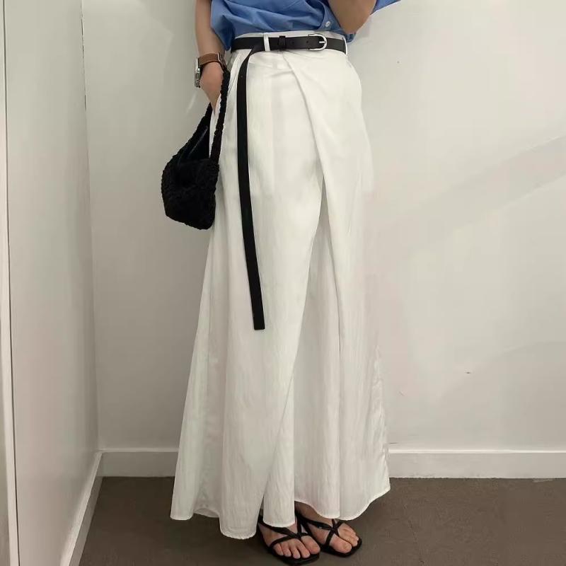 フレアスカート レディース 春夏 韓国ファッション 個性的 デザイン性 着回し ハイウエスト 細見え ロング丈 無地 ポリエステル 切り替え ホワイト ブラック カジュアル デイリーユース スタイルアップ Aライン