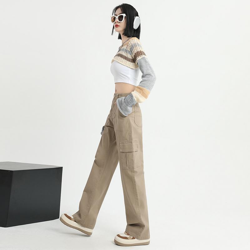 パンツ レディース デニム カーゴパンツ ハイウエスト ストレートワイド ゆったり 細見え 着痩せ アメカジ レトロ ヴィンテージ カジュアル ポケット付き ストレッチ 綿 秋冬 カーキ ブラック グリーン ボトムス
