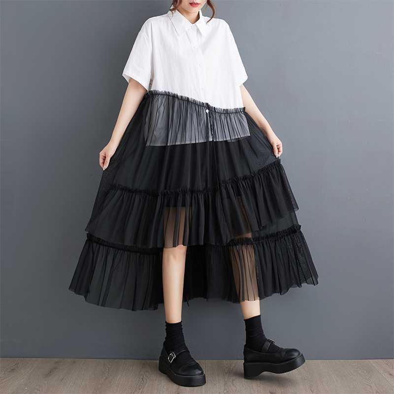 ワンピース レディース 夏 韓国風 ゆったり 大きいサイズ 切り替え チュール メッシュ 不規則 非対称 Aライン ロング丈 ギャザー プリーツ 綿 ポリエステル 五分袖 おしゃれ 白 黒