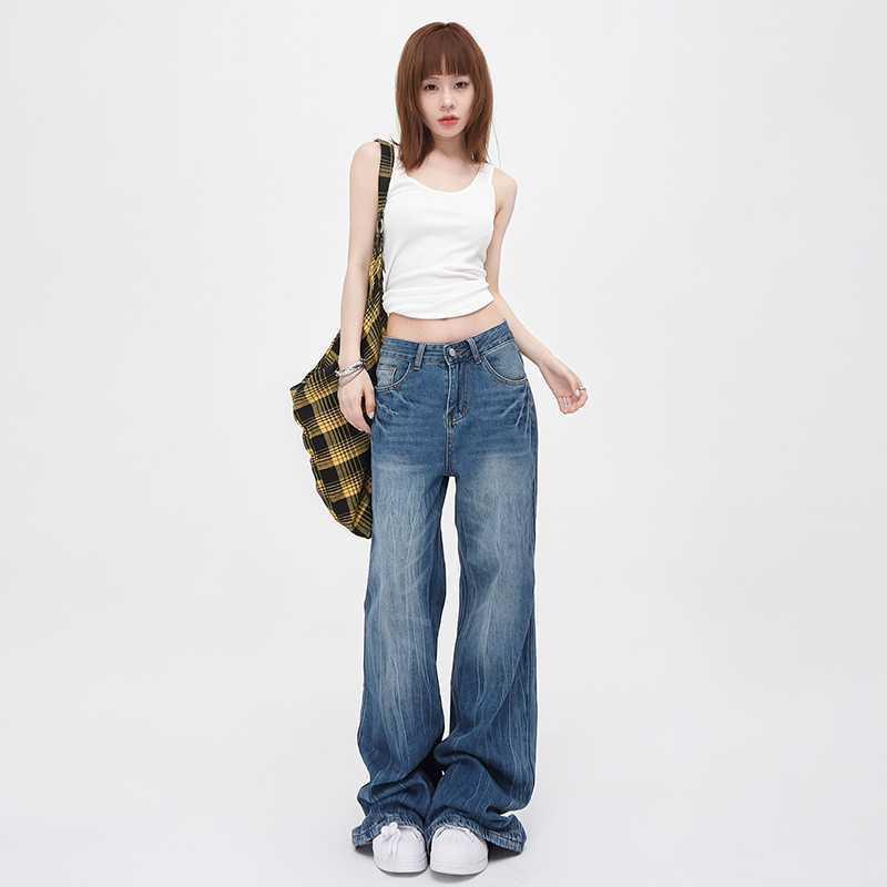 デニムパンツ アメリカンヴィンテージ レトロ ストレート 微フレア クラック加工 稲妻模様 ブルー ロング丈 トールサイズ カジュアルスタイル 体型カバー おしゃれ 普段使い