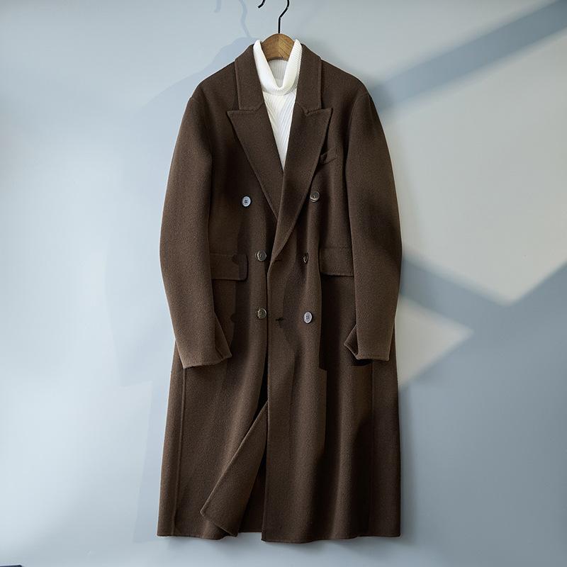 コート メンズ 紳士 ダブルフェイス 上質 ウール カシミヤ混 テーラードカラー 膝下 ロング丈 ダブルブレスト ビジネス オフィス 通勤 秋冬|bloomelier