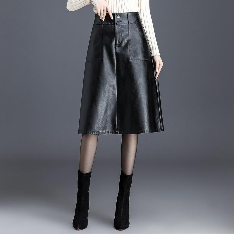 スカート レディース フェイクレザー Aライン フレアスカート ミモレ丈 ハイウエスト 着痩せ 上品 韓国風 通勤 オフィス カジュアル 切り替えデザイン 秋冬 ブラック レッド