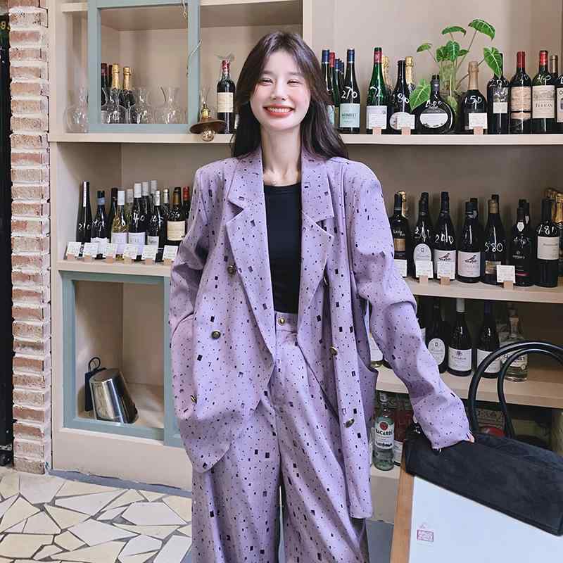 セットアップ レディース カジュアル 通勤 きれいめ おしゃれデザイン ゆったり ルーズフィット 長袖 ジャケット ワイドパンツ ポリエステル パープル 2点セット 春秋｜bloomelier