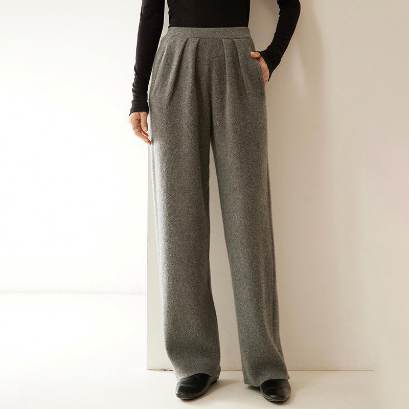 ワイドパンツ レディース ハイウエスト ロング丈 カシミヤブレンド プリーツ スタイルアップ 細見え 高ストレッチ 無地 ポケット付き 春夏 通勤 オフィス エレガント きれいめ グレー ブラック グレージュ|bloomelier