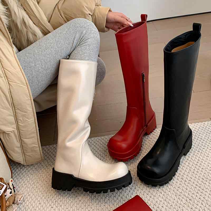 ブーツ レディース 女性用 牛革 厚底 5.5cmヒール ミドルヒール ラウンドトゥ 膝丈 ジョッキーブーツ 乗馬ブーツ レインブーツ 長靴 防水 サイドファスナー 小柄向け 低身長 クラシック レトロ アウトドア 通勤 通学 3色展開|bloomelier