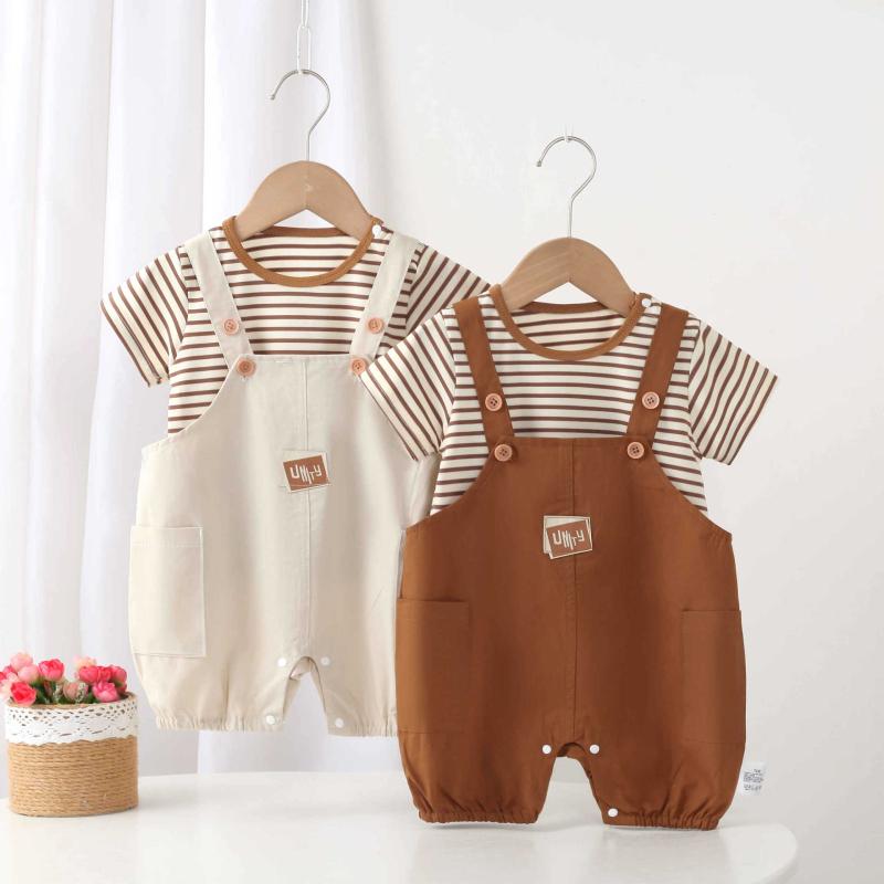 Baby clothes, boys, 0-2 years old, summer short sleeve t-shirt, overalls, shorts, everyday wear, cute, stylish, skin-friendly, thin cotton character stripes, 2-piece set