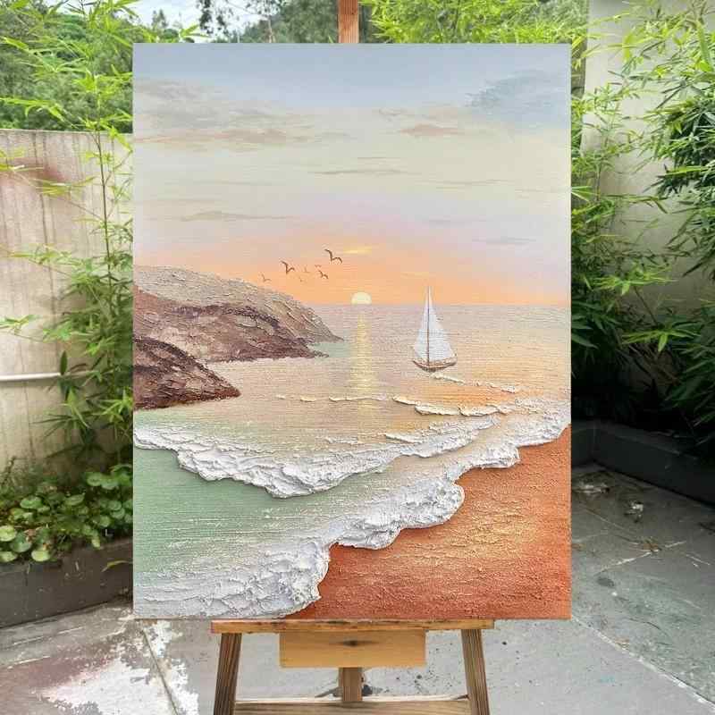 室内装飾工芸 墨付き油彩 春の海岸地帯 皮膚軟化剤色つや 普遍化画 リビング 部屋の入り口 侘寂風 北欧表現スタイル ウォール工芸 テクスチャーアート 立体感 厚ペンキ塗り油絵画