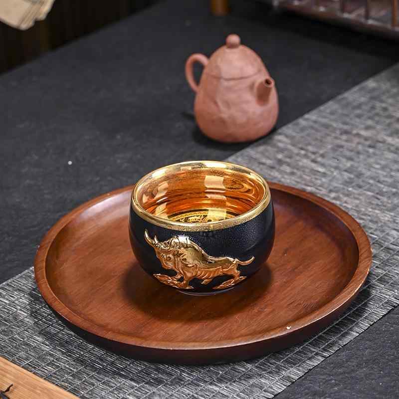 茶器 職人手作り 金牛浮き彫り 本金メッキ 磁器製 金色内側 高級感 中式デザイン 上質 個人用茶杯 マイ茶碗 来客用 茶道 普段使い コレクション｜bloomelier