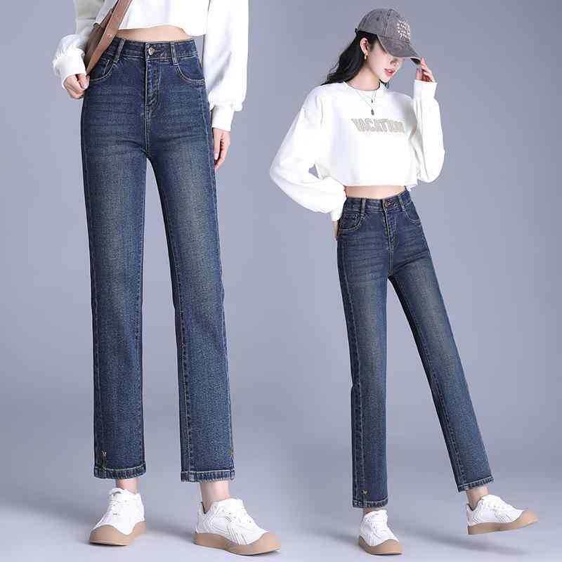 ジーンズ レディース ハイウエスト ストレート デニムパンツ アンクル丈 スリムシルエット 脚長効果 着痩せ効果 高級感 ウォッシュ加工 ストレッチ 綿混 再生繊維 小柄女性向け シワ防止｜bloomelier