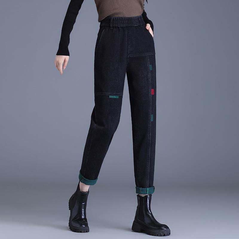 デニムパンツ レディース 秋冬 裏起毛 サルエル ハイウエスト ウエストゴム テーパードパンツ 細見え スリムフィット ストレッチ フルレングス 快適 防寒 カジュアル オフィス｜bloomelier