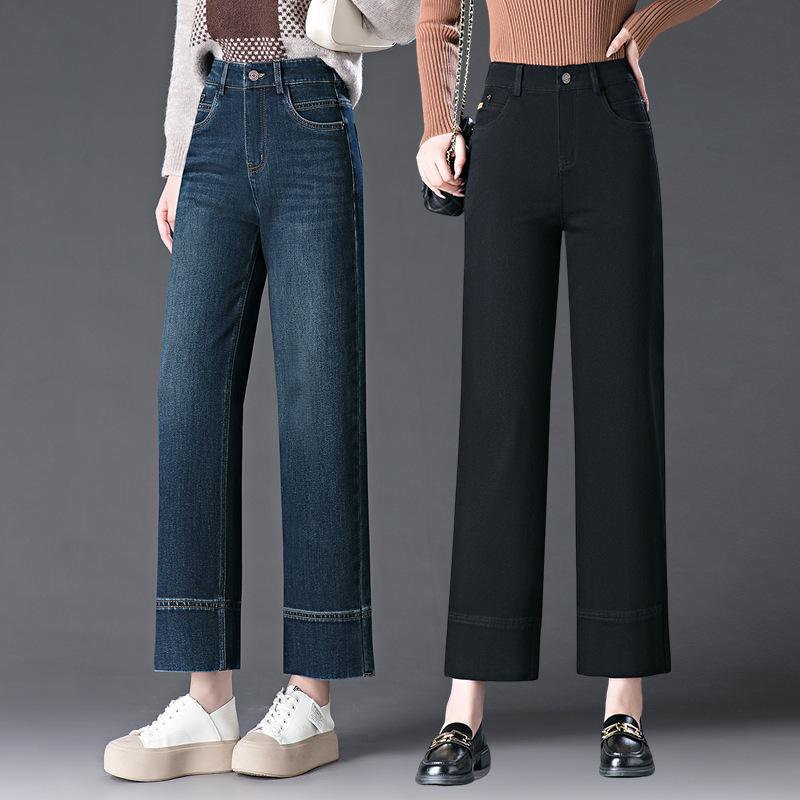 デニムパンツ レディース 秋冬 ハイウエスト ワイドパンツ ゆったり 厚手 綿混素材 小柄向け クロップド丈 スタイルアップ効果 脚長 伸縮性 ポケット付き きれいめカジュアル 通勤スタイル|bloomelier