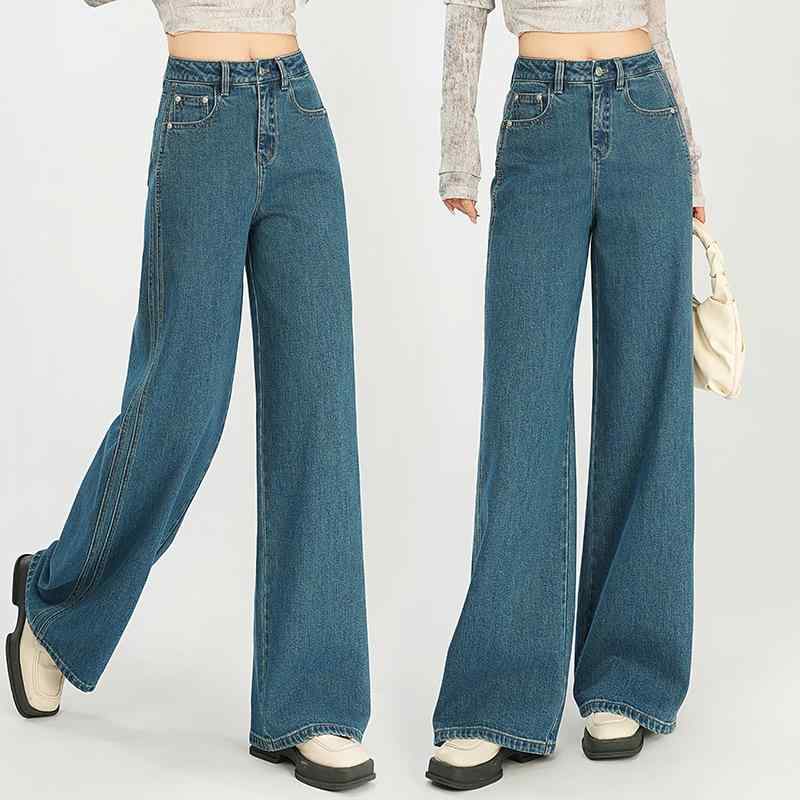 デニムパンツ レディース 春夏 着回し抜群 ハイウエスト ゆったり 落ち感 ワイドストレート 体型カバー 薄手 ロング丈 カジュアル 快適｜bloomelier