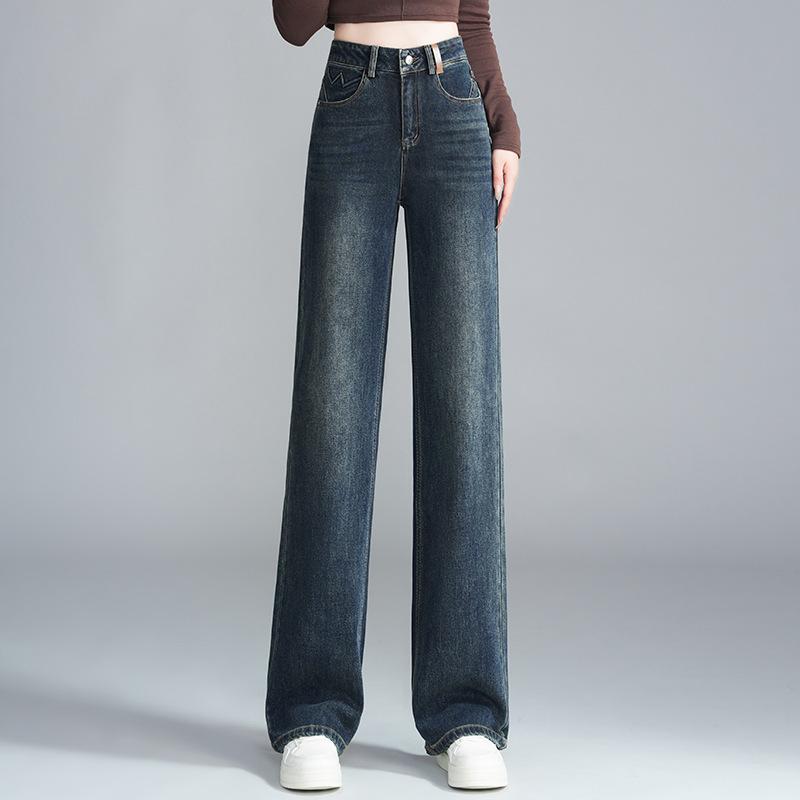 デニムパンツ レディース 高級感 ゆったりストレート ハイウエスト 着痩せ 洋ナシ体型カバー 秋冬 厚手ストレッチコットン カジュアル しわになりにくい ロング丈 ボトムス｜bloomelier