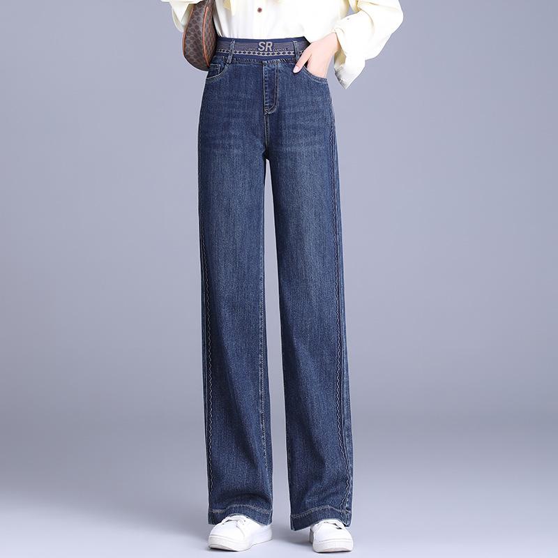 デニムパンツ レディース 秋冬 ウエストゴム ハイウエスト ワイド ストレート 着痩せ効果 厚手 綿素材 ストレッチ フルレングス 大きいサイズ カジュアル｜bloomelier