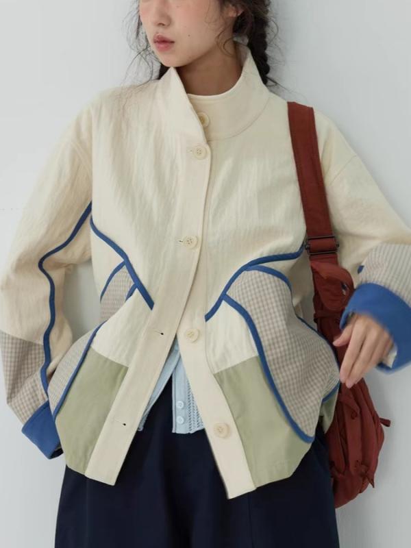 ジャケット レディース 春夏 天然綿 デザイン性 アート切り替え ゆったりシルエット 中厚手 レギュラー丈 ロングフリルスリーブ 付け襟 ニットシングルボタン きれいめ 通勤アウター｜bloomelier