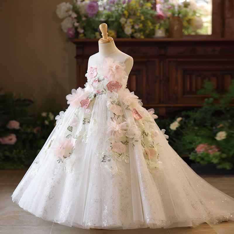 プリンセスドレス 女の子 キッズ かわいい 白 花柄 チュール プリーツ フェイクファー 高級感 ポリエステル混紡 オールシーズン 誕生日パーティー ピアノ発表会|bloomelier