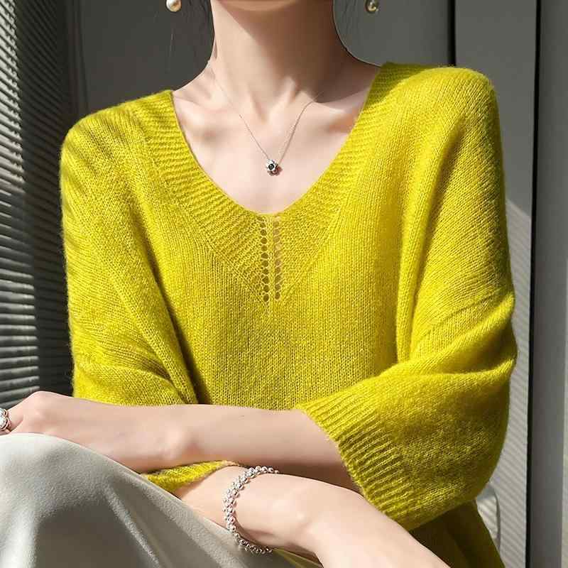 編み物 レディース 春夏 二分の一ハイネック ゆったり 薄っぺら カシミヤ 七分袖 パフ衣袂 肩部取りすてるアウト うつり変わり はだ着 通い 雅びやか ベージュ 薄墨色 サクラ色