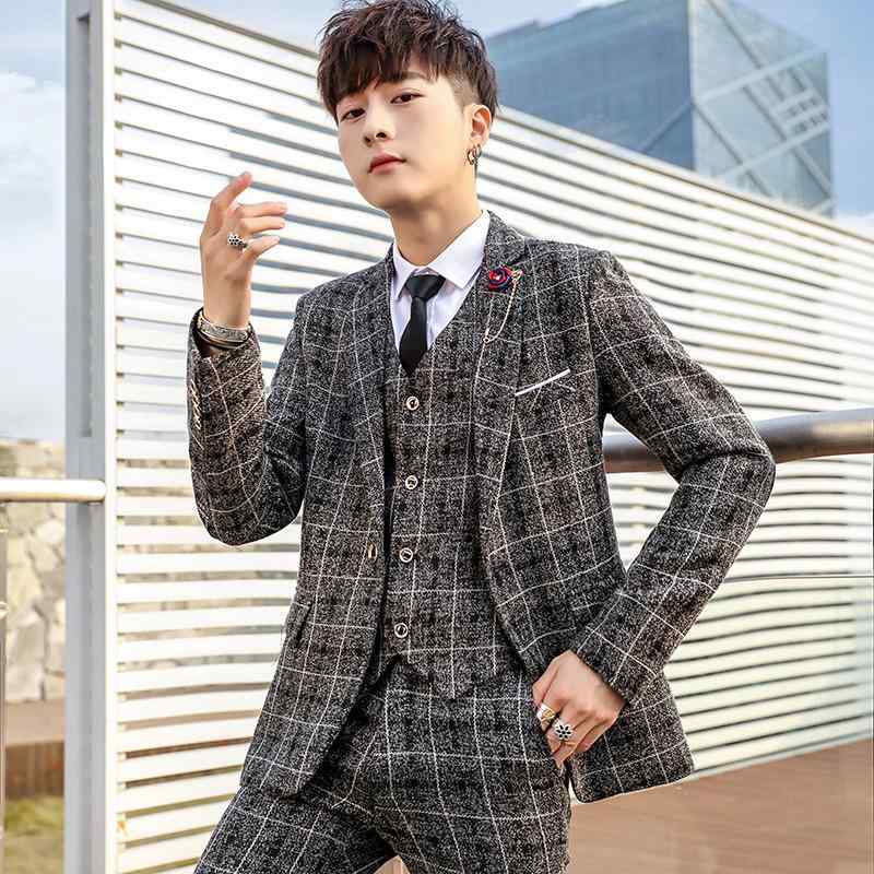 背広 メンズ セットアップ か細い 3天下太平 韓国風 照合のしるし柄 歳月 ポリエステル原料品 通い 華燭の典 成人男性服 紺 カーキ 灰 今めかしい