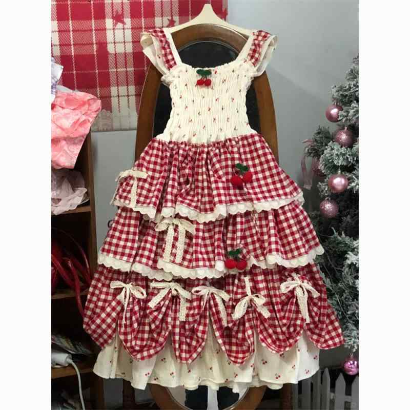 衣裳 レディース 春夏 ティアード 照合のしるし柄 うつり変わり シュロの葉 ノースリーブ 桜んぼう 麻混 赤 愛くるしい