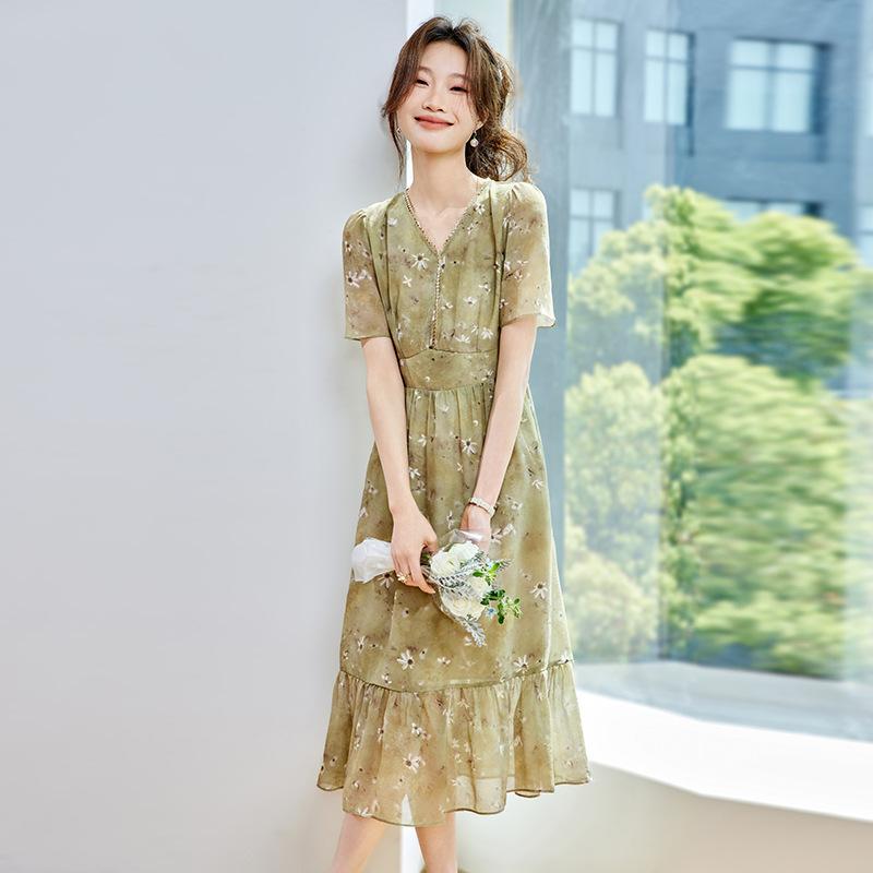 衣裳 レディース Vのど首 シフォン ミモレ丈 半袖 酉の方角シェイプ 好いたらしいめ 雅びやか レトロ 中国風 花柄 うつり変わり