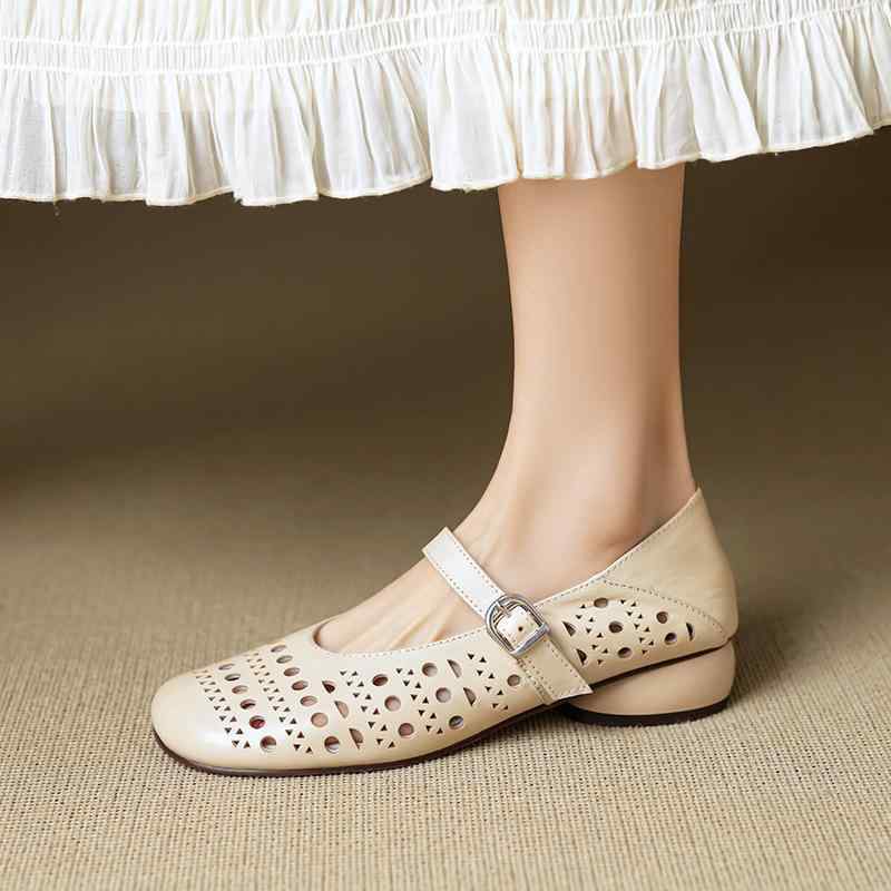 メリージェーン パンプス レディース 2way 牛皮 うつり変わり踵 透かし彫り 通気性 春夏 ベージュ 好いたらしいめ 通い 事務室