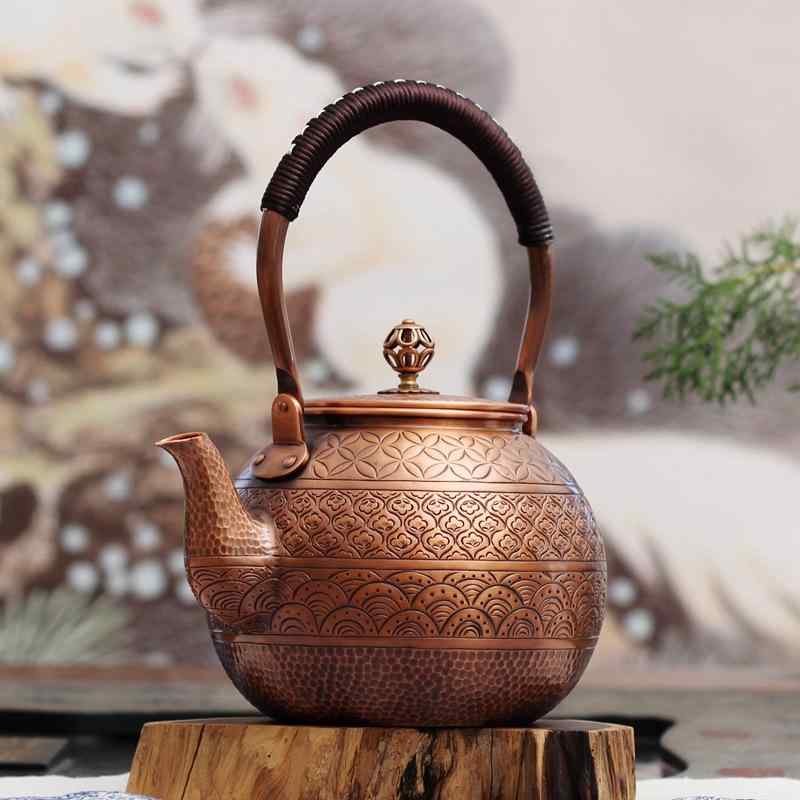 ティーポット 湯沸かし 銅製 手打ち 鎚目 彫刻 四福紋 平底 レトロ 茶器 高級感｜bloomelier