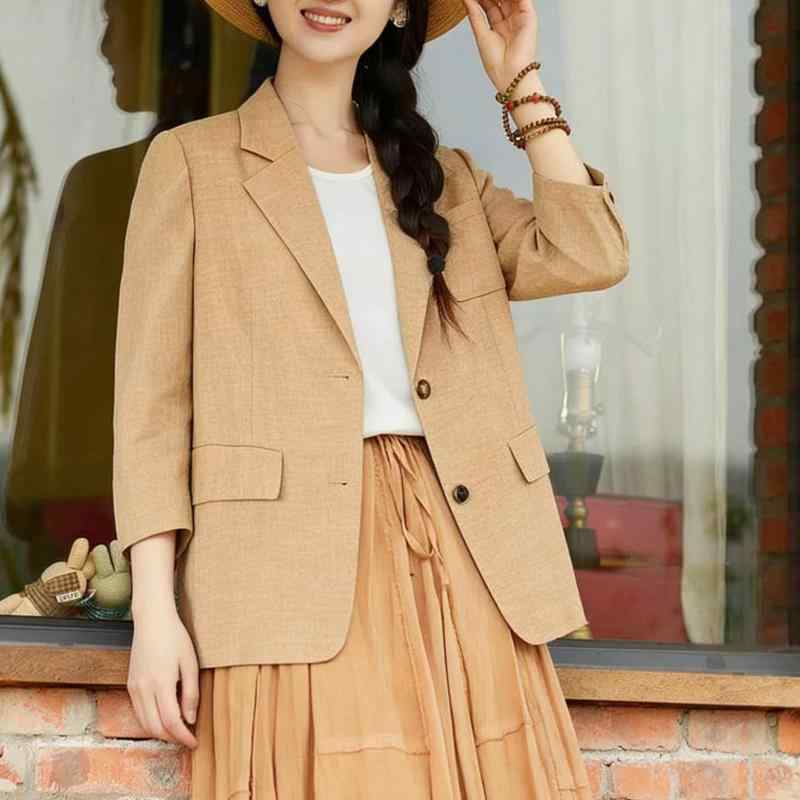 テーラードジャケット レディース アウター リネン 麻 混 ゆるシルエット Vネック 九分袖 涼しい 接触冷感 通勤着 カジュアル オフィス カラフル シンプル|bloomelier