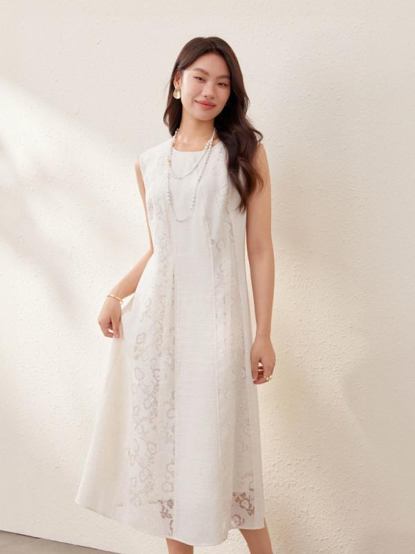 ワンピース レディース 大きいサイズ ノースリーブ Aライン ミモレ丈 ジャガード 接触冷感 薄手 ゆったり 体型カバー ラウンドネック 通勤 通学 カジュアル フェミニン リゾート 旅行 ベージュ｜bloomelier