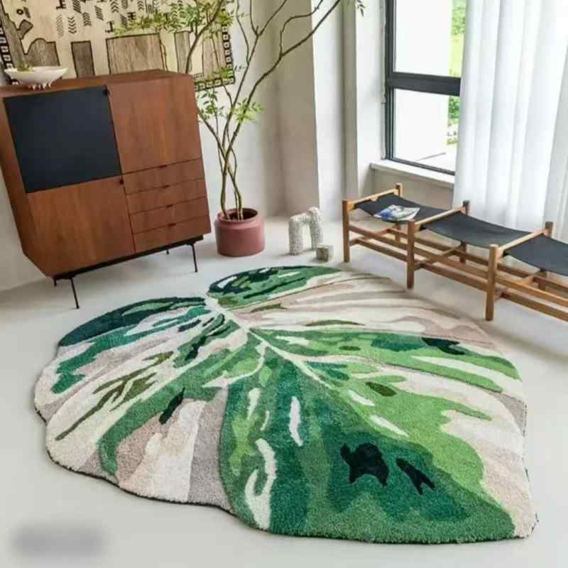 ラグ 北欧風 モンステラ 葉柄 植毛 カーペット リビング 寝室 玄関マット おしゃれ 抽象的 グリーン 洗える｜bloomelier