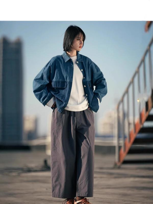 シャツ レディース 春夏 長袖 トップス デニムシャツ コットンリネン 切り替え バイカラー レトロ ゆったり 薄手 羽織り 前開き|bloomelier