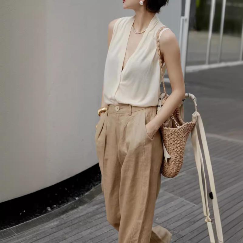 パンツ レディース 麻 リネン 接触冷感 吸汗速乾 ワイドパンツ ロング丈 フルレングス ハイウエスト ストレート 美脚 楽ちん ウエストゴム 涼しい 通気性 軽量 カジュアル 普段着 通勤用 通学用 春夏 パープル ブラウン ホワイト ベージュ｜bloomelier