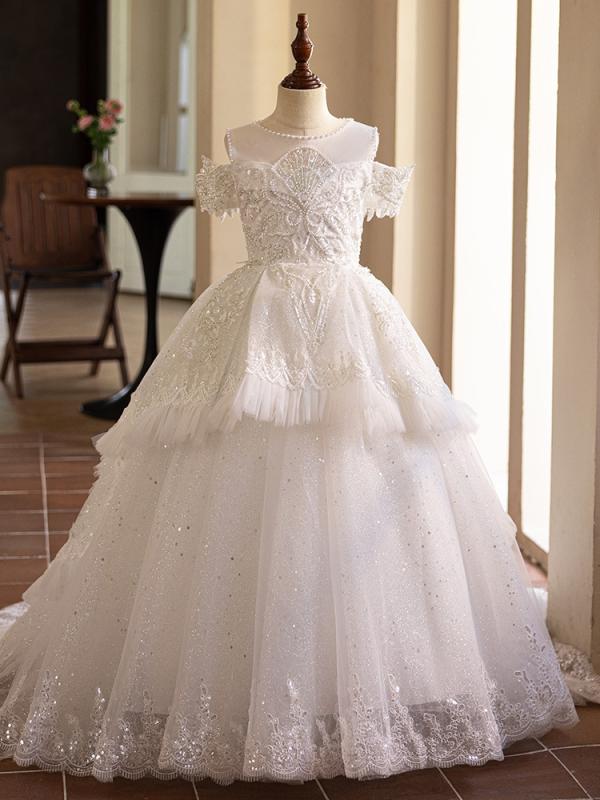 ドレス キッズ 女の子 フォーマル 子供 発表会 ピアノ 発表会 ジュニア 結婚式 七五三 プリンセス お呼ばれ 演奏会 ホワイト レース チュール リボン 110 120 130 140 150 160｜bloomelier