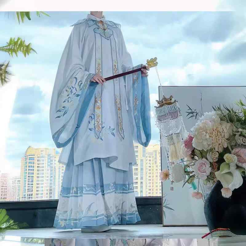 漢服 レディース セットアップ 刺繍 長袖 トップス 馬面裙 ロングスカート コスプレ 舞台衣装 伝統衣装 レトロ クラシック ブルー|bloomelier