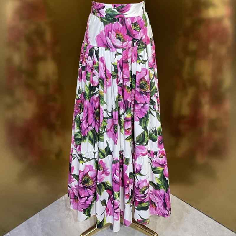 スカート レディース ロング マキシ丈 切り替え コットン 花柄 牡丹 プリント フレア Aライン ウエストゴム ふんわり 華やか 上品 きれいめ フェミニン 春夏｜bloomelier