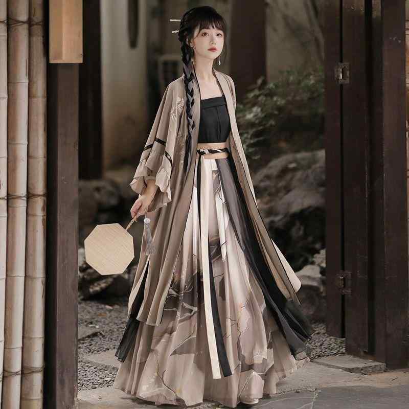 漢服 レディース 三件セット 宋制 改良 古風 チャイナドレス風 刺繍 切り替え インナー キャミソール プリーツスカート 3点セット エレガント 薄手 伝統衣装 コスプレ 灰色|bloomelier