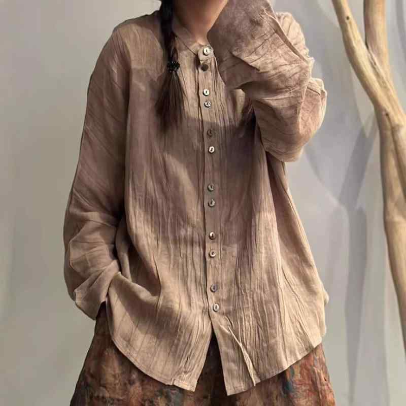 シャツ レディース トップス 長袖 リネンシャツ 秋 プルオーバー ブラウス 無地 しわ加工 ゆったり 接触冷感 薄手 羽織り シンプル カジュアル｜bloomelier 7,866円