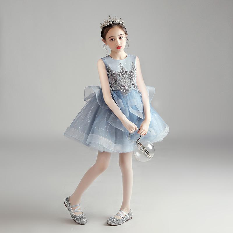 ドレス キッズ 女の子 ジュニア フォーマル ピアノ発表会 結婚式 演奏会 七五三 お呼ばれ 誕生日 パーティー 110cm 120cm 130cm 140cm 150cm 160cm ブルー｜bloomelier