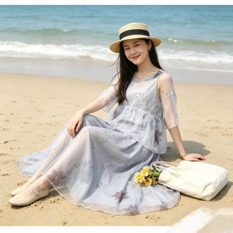 シャツ レディース 春夏 七分袖 パフスリーブ コットン混 シルク調 マンダラ柄 花柄 チュニック スカート ひざ丈 フレア 通勤 旅行|bloomelier
