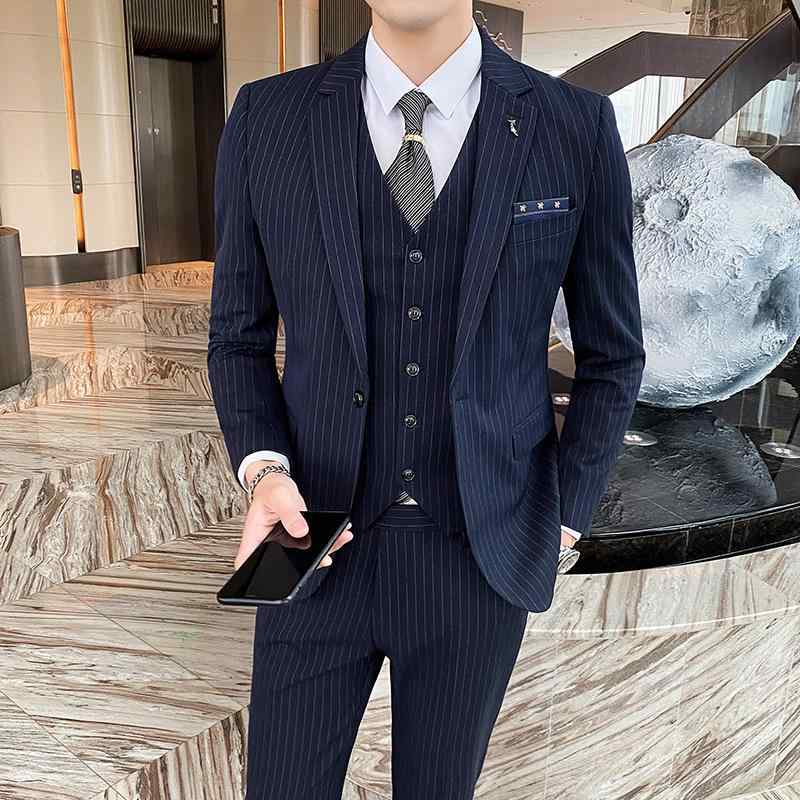 スーツ メンズ 春夏 スリム ストライプ リネン ビジネス フォーマル カジュアル 結婚式 新郎 披露宴 パーティー 紳士服 スリーピース ジャケット ベスト スラックス 3点セット 通勤 セットアップ｜bloomelier