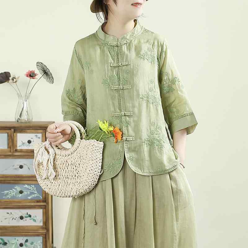 シャツ レディース 春夏 長袖 リネン 麻 刺繍 七分袖 スタンドカラー 立襟 チャイナボタン エスニック レトロ ゆったり 羽織り トップス カジュアル｜bloomelier