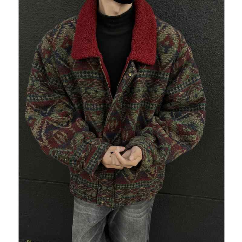 ジャケット メンズ 冬 防寒 厚手 ボア 民族風 エスニック チャイナ エスニック風 アウター カジュアル ジップアップ 切り替え 暖かい｜bloomelier