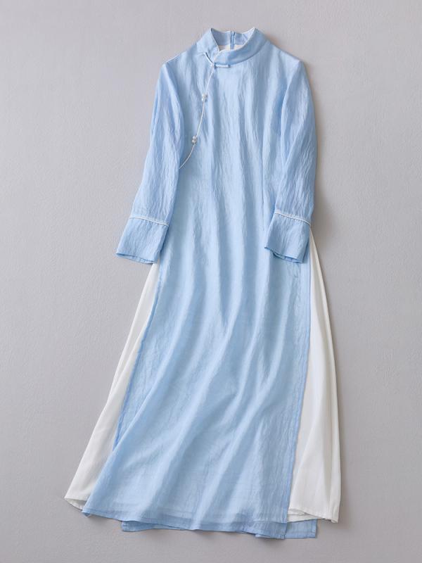 ワンピース レディース チャイナドレス チャイナ服 ロング丈 長袖 立ち襟 アシンメトリー タイト 細見え テンセル混 レトロ チャイナ風 お呼ばれ 食事会 旅行 上品 フェミニン 無地 おしゃれ|bloomelier