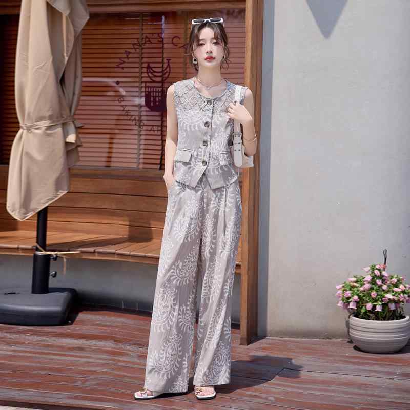セットアップ レディース カジュアル ノースリーブ ワイドパンツ アンクル丈 薄手 涼しい プリント ウエストゴム ゆったり 体型カバー 通気性 通勤 ルームウェア お出かけ 春夏｜bloomelier
