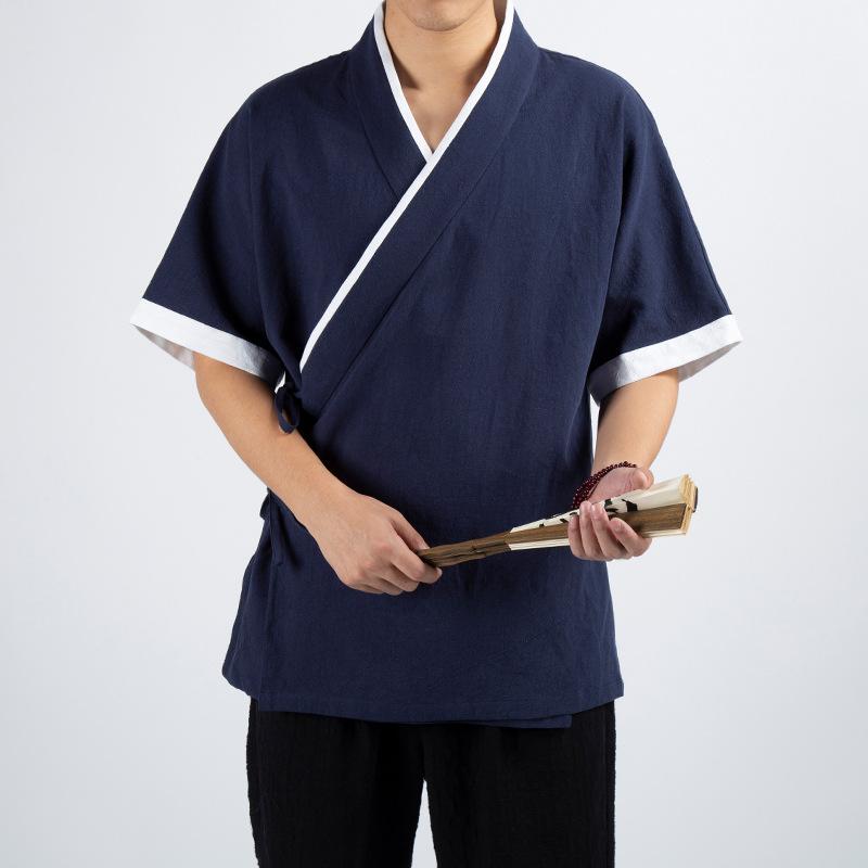 漢服 メンズ ジャケット チャイナ服 アウター 切り替え 半袖 綿混素材 通気性 涼しい サマー 部屋着 ゆったり 大きいサイズ カジュアル アジアン エスニック チャイナ風 レトロスタイル｜bloomelier