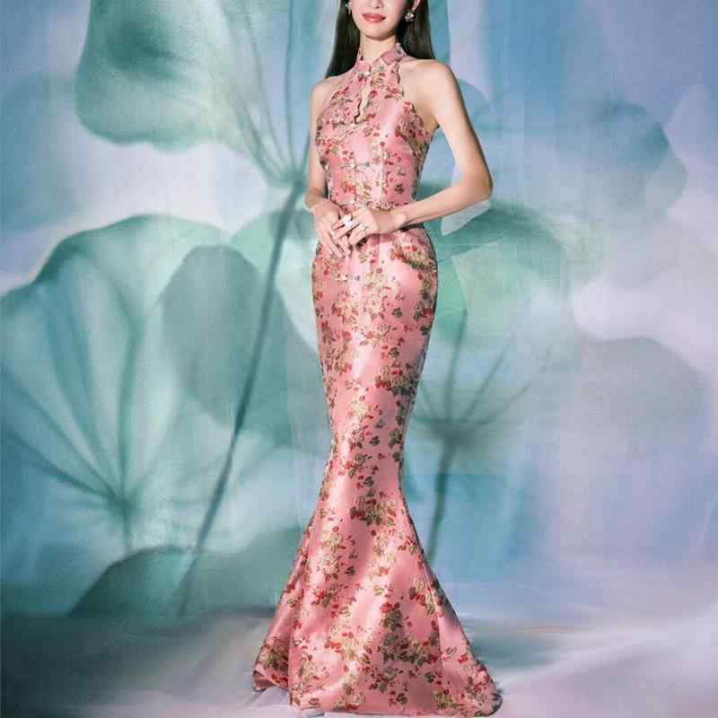 ワンピース レディース 春夏 チャイナドレス ロング丈 ノースリーブ フィッシュテール ハイウエスト スリム 伸縮性 細見え 上品 高級感 ピンク 披露宴 二次会 お呼ばれ 結婚式 ブライズメイド|bloomelier